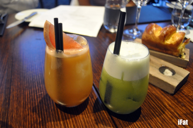 Grapefruit mocktail with cucumber, lime and Elderflower Apple cocktail with ginger beer, mint, lemon and egg white
