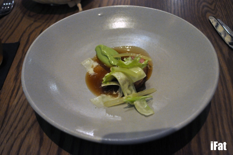 Quail with smoked celery and white soy dressing.