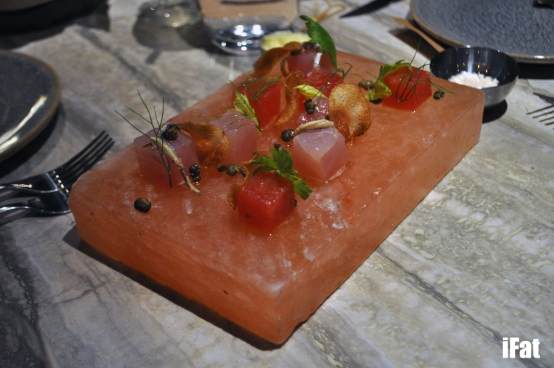 Tuna Crudo with white anchovies, capers, white balsamic and watermelon