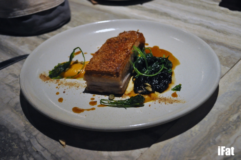 Pork Belly with crackling, pumpkin,  tuscan cabbage and pepper jus