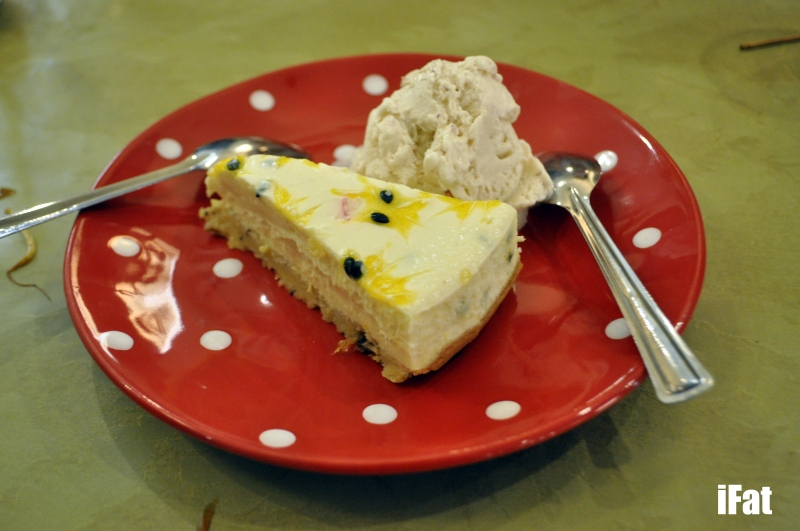 Passionfruit cheesecake and rose vanilla tofu ice cream.
