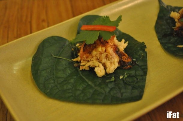 Smoked trout on betel leaf with galangal, roasted chilli and fried shallots