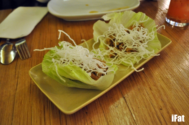 Chicken Lettuce Delight; san choy bao with lup cheong, mushrooms, water chestnuts  and crispy glass noodles