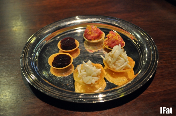 From the right: Veal & smoked yolk, crab and chickpea and beetroot and black garlic on pastries of varied texture
